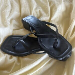 Black Square Toe Thong Kitten Heel Sandal